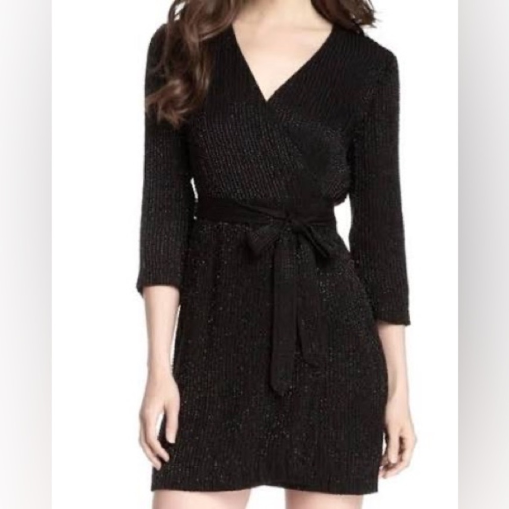 Diane von Furstenberg Fully Black Beaded Wrap Dress Size 10 Silk